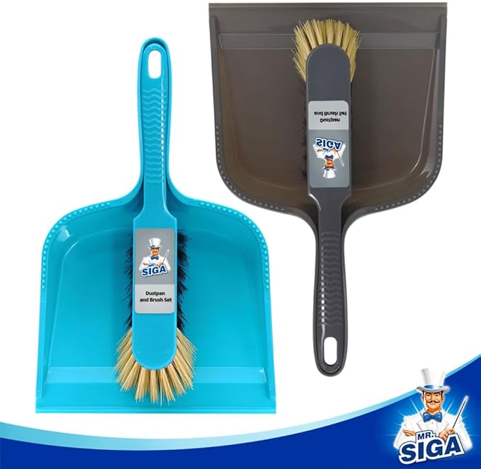 MR.SIGA Dustpan and Brush Set, Pack of 2 Set, Blue & Grey