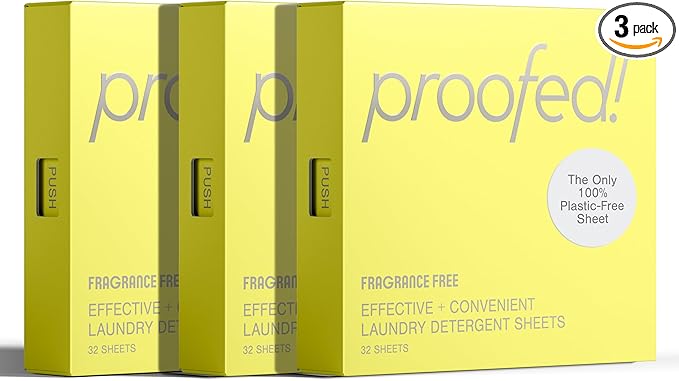 Proofed! Laundry Detergent Sheets, 96 Count, Fragrance-Free, The Only 100% Plastic-Free Sheet, No PVA or PVOH, Hypoallergenic, Bio-Based Ingredients, Made in USA, 3 Boxes