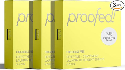 Proofed! Laundry Detergent Sheets, 96 Count, Fragrance-Free, The Only 100% Plastic-Free Sheet, No PVA or PVOH, Hypoallergenic, Bio-Based Ingredients, Made in USA, 3 Boxes