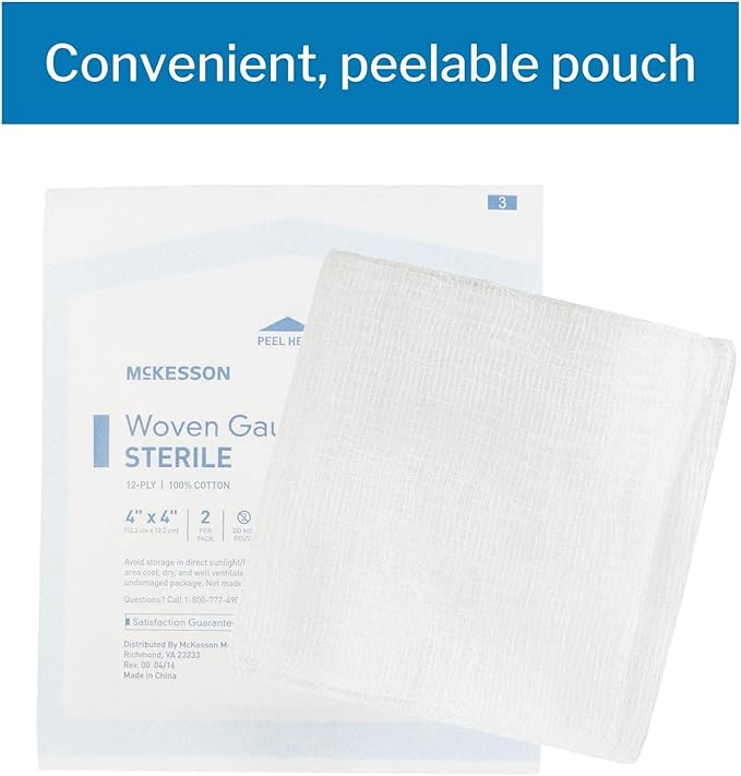 McKesson Woven Gauze Sponges, Sterile, 8-Ply, 100% Cotton, 4 in x 4 in, 2 per Pack, 50 Packs, 100 Total