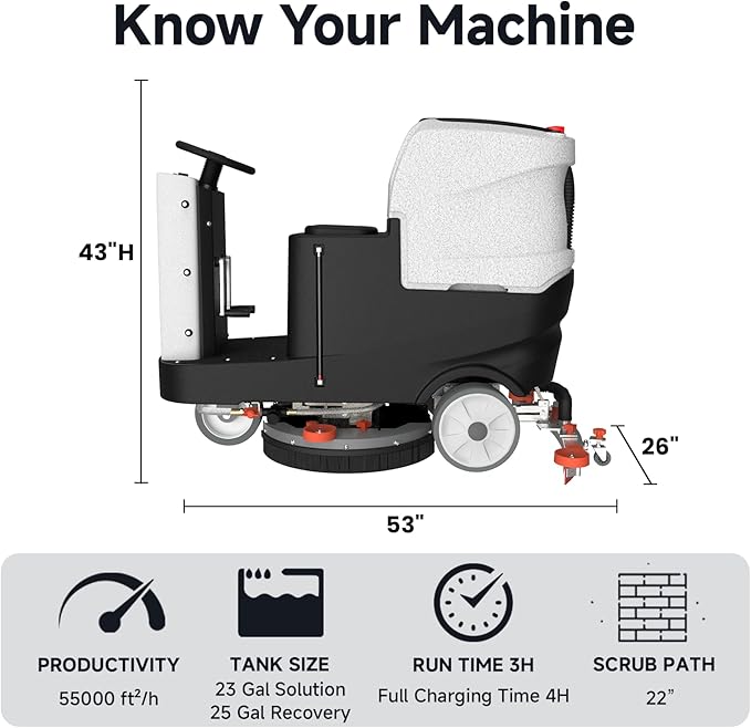 AF2225 Micro Ride-on Commercial Floor Scrubber, 25-Gal, 22" Brush, Up to 55000 ft²/h, Lithium Battery, Fast Charge, Industrial Riding Floor Cleaning Scrubber for Warehouse, Hospital, Garage