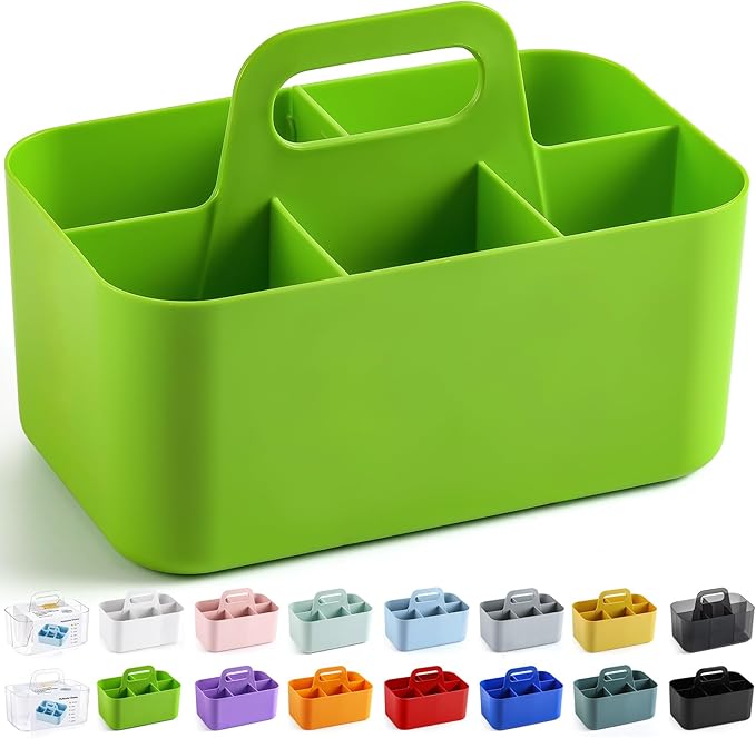 Multiuse Caddy Organizer with Handle - Stackable Plastic Tote Bin - Art Craft Supplies, Office, Desk, Stationery Pen Holder, Kitchen, Utensil, Makeup, Bathroom, Shower, Cleaning, Dorm Organizer -Green