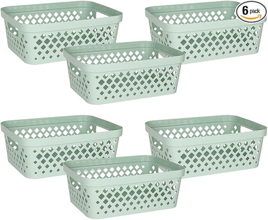 Glad Plastic Storage Basket Set, Value Pack of 6 | Open Storage Bins for Shelves, Bathroom, Pantry, Closet | Nesting Organizer Boxes with Handles, 2 Gallon, Sage
