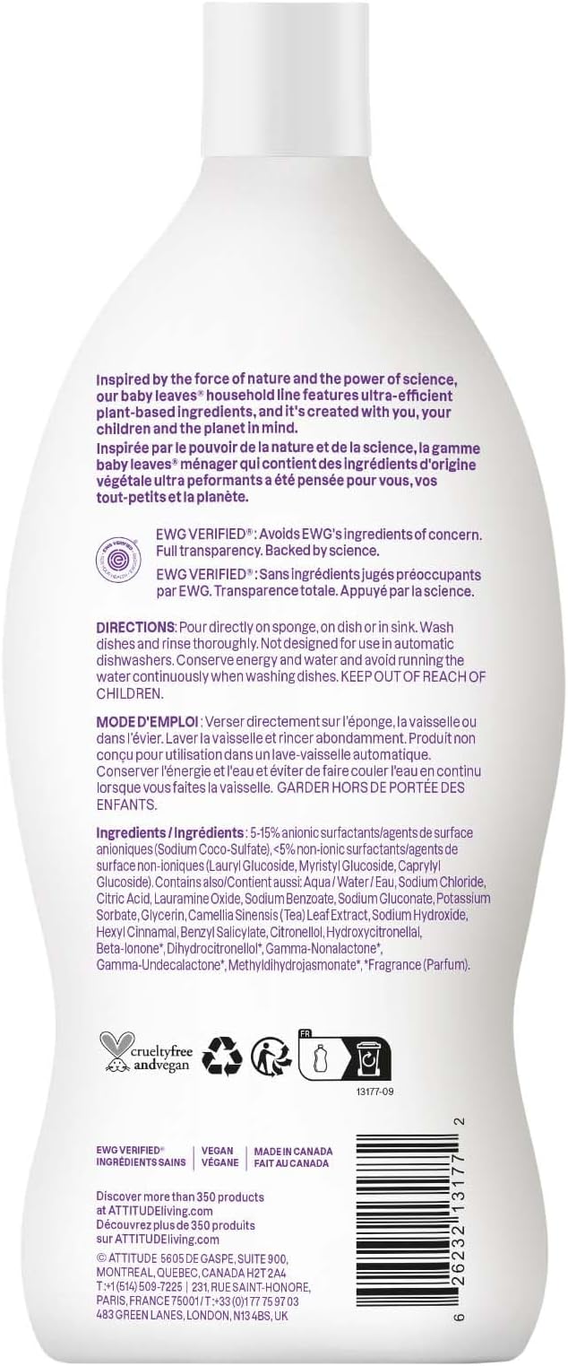 ATTITUDE Baby Dish Soap and Bottle Cleaner, EWG Verified Dishwashing Liquid, No Added Dyes or Fragrances, Tough on Milk Residue and Grease, Vegan, Sweet Lullaby, 23.7 Fl Oz