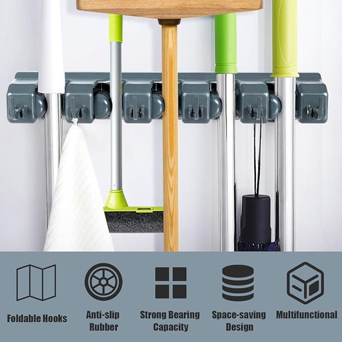 Tangkula Wall Mount Mop Broom Holder, Hanging Broom Organizer w/ 5 Slots & 6 Hooks, Home Storage Organizer Rack, Hanging Utility Rack for Home, Kitchen, Garage, Laundry (Dark Grey)