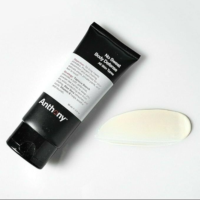 Anthony No Sweat Body Defense Deodorant for Men, Anti-Chafing & Anti-Itch Cream-to-Powder Lotion for Groin, Thighs & Underarms, Talc-Free, Absorbs Moisture, Sweat & Odor Control, 3 fl oz