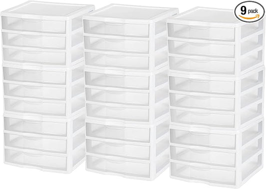 Sterilite 9-Pack Wide 3 Drawer Unit, Plastic Desktop Organizer with Clear Drawers, White Frame - Stackable Multi-Purpose Storage for Office Supplies, Craft Rooms, Classrooms and Home Organization