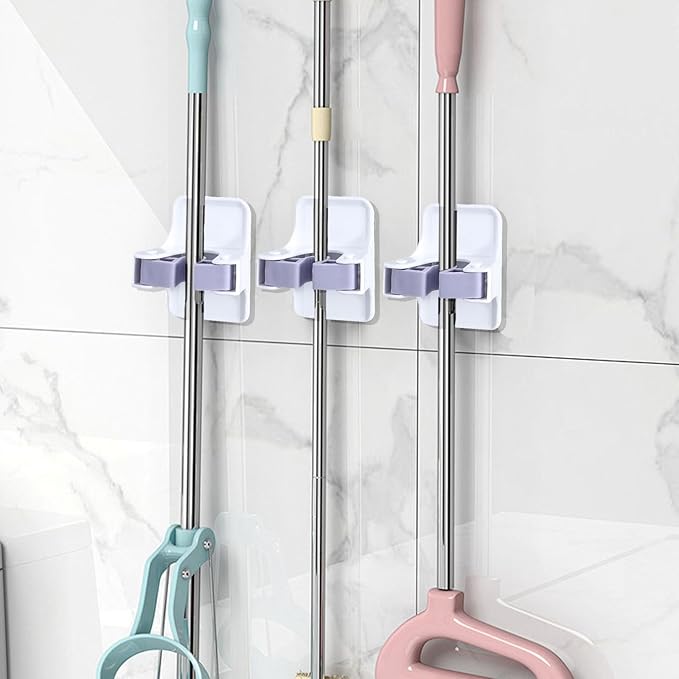 4 Pack Mop and Broom Holder Wall Mount, Self Adhesive Broom Hanger, Mop Gripper Organizer Broom Clips for Hanging Home Garage Garden Laundry Room Storage (White) (4)