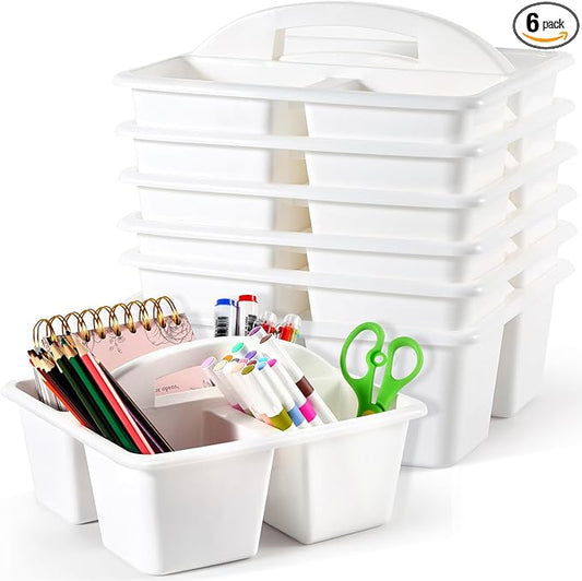 6 Pack Classroom Caddy with Handle Plastic Storage Caddy Organizer with 3 Compartments Desk Caddies Holder Portable Storage Bin for Pencil, Crayon, Marker, Home, Office, School Supplies(White)