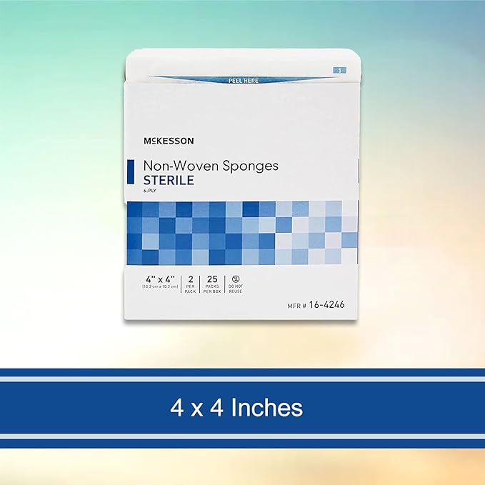 McKesson Non-Woven Sponges, Sterile, 6-Ply, Polyester/Rayon, 4 in x 4 in, 2 per Pack, 25 Packs, 50 Total