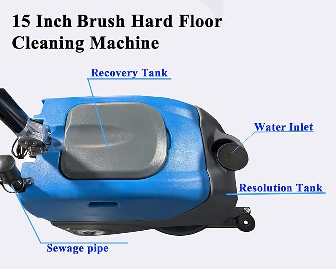 Commercial Floor Scrubber Machine with brushes， 15" Brush 8 Gal Foldable and Portable Scrubber Walk-Behind cleaning machine ，180 Degree Rotation，floor scrubbing, floor cleaner machine