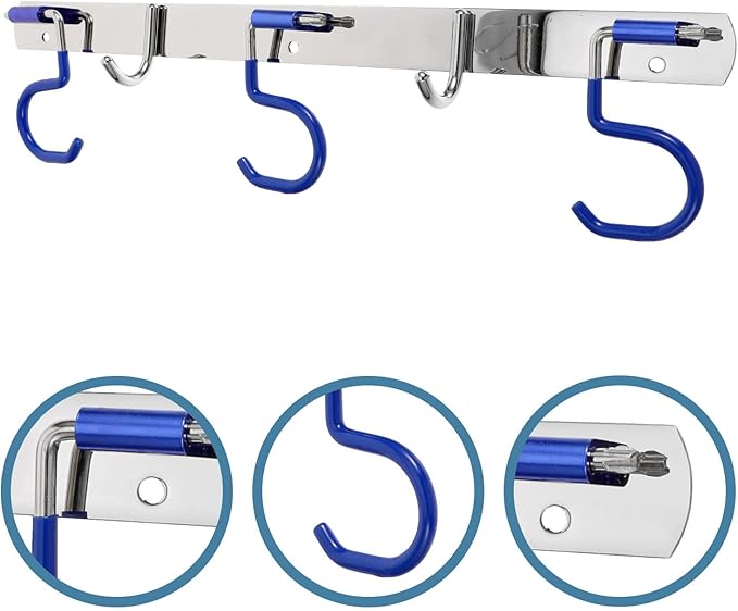 Stainless Steel Mop and Broom Holder Wall Mounted Storage Rack with 3 Mop Slots and 2 Multifunctional Hooks, Punch-Free Installation for Kitchen and Utility Room Organization