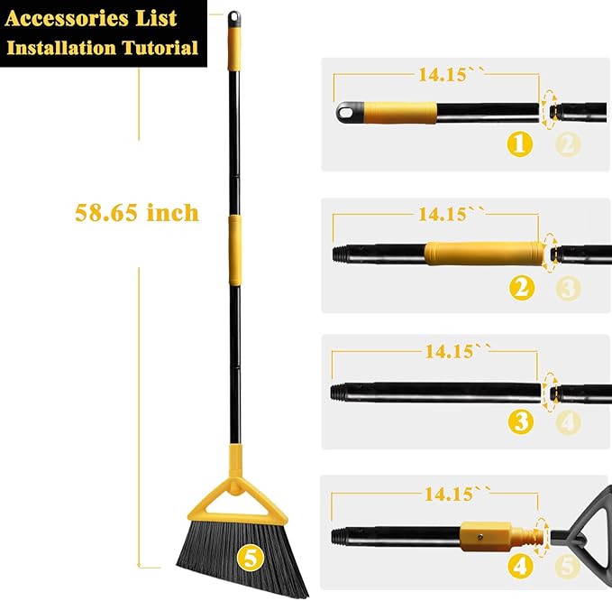 Heavy Duty Broom Outdoor and Indoor, 3 Pack Upgraded Commercial Angle Brooms, Perfect Yellow Broom of House, Kitchen, Garage, Courtyard