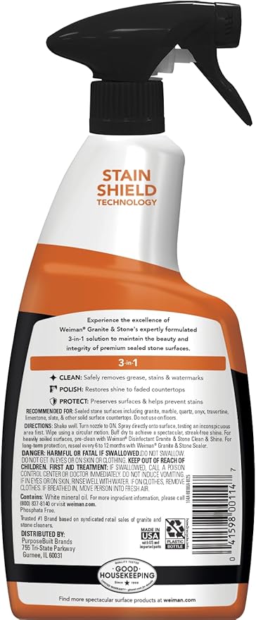 Weiman Granite and Stone Cleaner 3-in-1, Removes Grease, Stains & Watermarks, Streak-Free Formula with Stain Shield Technology, Safe on Marble, Quartz, Tile, Granite, Quartzite & Slate