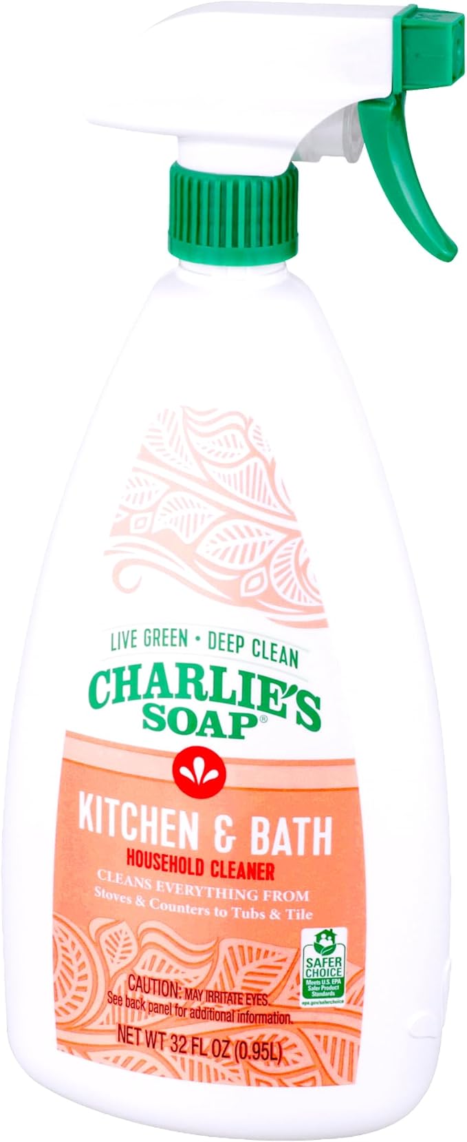 Charlie's Soap Kitchen & Bath Surface Cleaner Refill Kit (107 fl oz) Eco-Friendly Spray & Wipe Multi-Purpose cleaner Safe for Sensitive Skin (2 Pack - One 32oz Sprayer and One 75oz Refill)