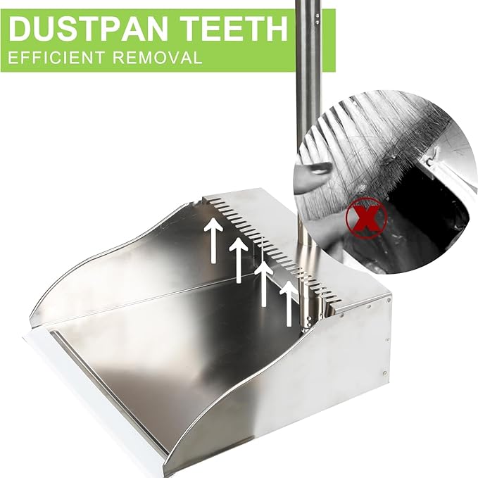 Soft Bristles Broom and Dustpan Set,Metal Dustpan with Indoor Broom, Green Angle Broom with Stand Up Dustpan for Hardwood Kitchen Floor Sweeping