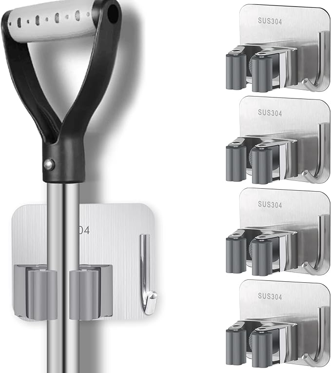 Broom Holder Self Adhesive No Drill Wall Mount Mop Broom Organizer with Hook Heavy Duty Stainless Steel Garden Tool Organizer Garage Storage and Organization Hanger (Silver + Grey)