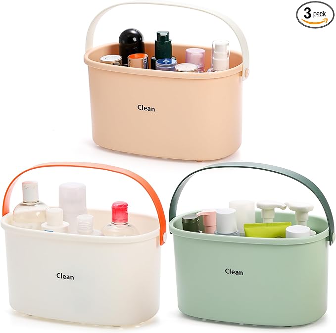 Frcctre 3 Pack Plastic Shower Caddy Basket with Handle, Portable Plastic Storage Basket Tote Organizer Bin Cleaning Caddy for Bathroom, Kitchen, College Dorm
