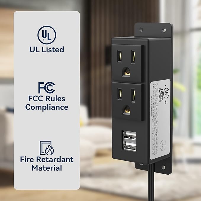 Gun Safe Accessory Electrical Power Outlet Kit, Hidden Outlet Gun Cabinet Accessories with USB, Mountable for Interior Dehumidifiers and Lights (Black, UL Listed)