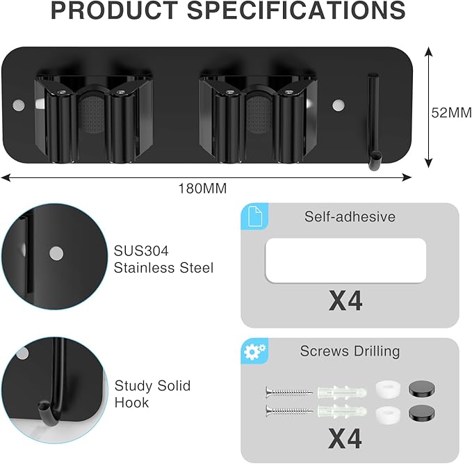 Wall Mount Mop and Broom Holder, Heavy Duty Stainless Steel Organizer Rack with Hooks | 4-Pack, 2-in-1 No Drill & Screw Installation, Black