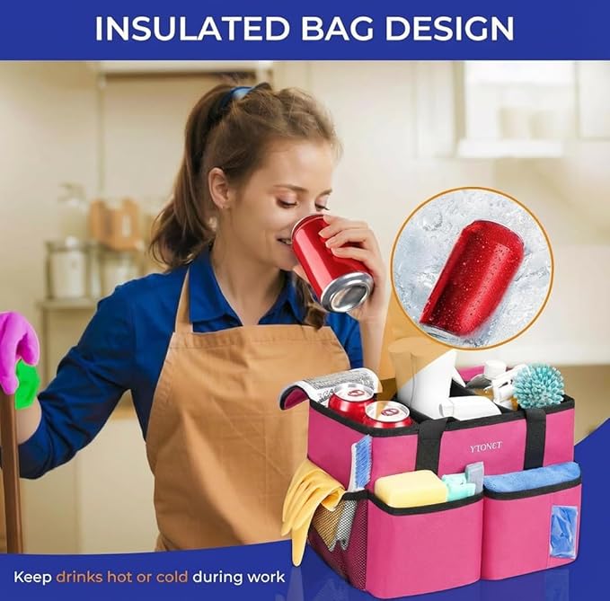 Ytonet Cleaning Caddy, Water Resistant Cleaning Supplies Organizer with Handle & Foldable Divider for Cleaners, Housekeeping Tote for Kitchen & Bathroom, Car Tool Caddy Organizer Bag, Rosered