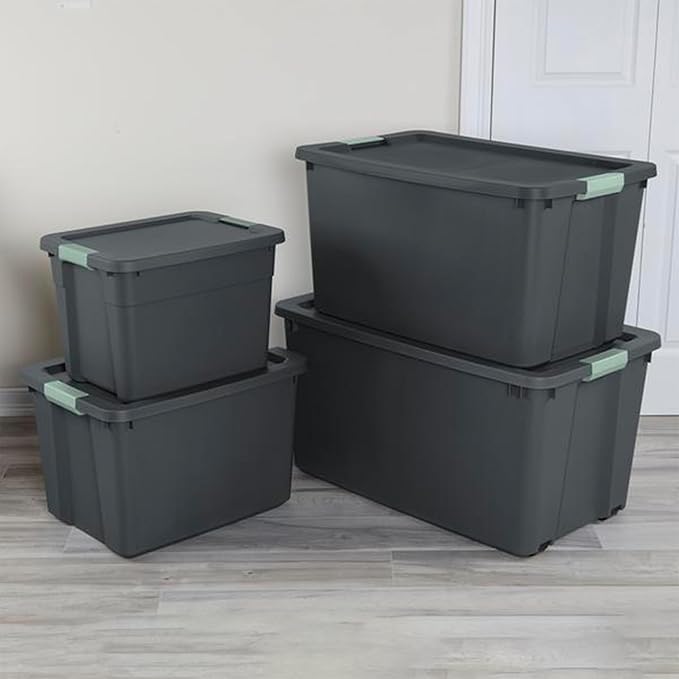 Sterilite 12 Pack Latch Tote, Stackable Plastic Storage Container, 12 Gallon, Gray/Green