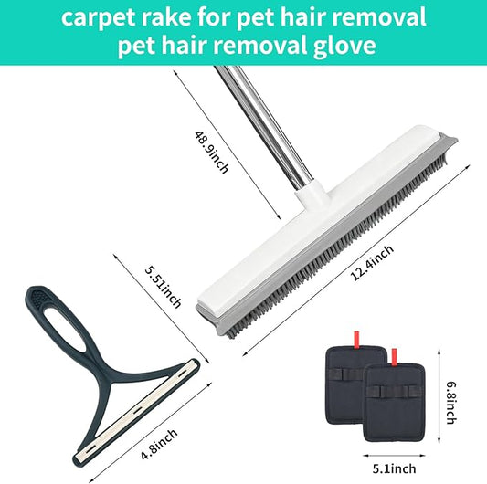 3-in-1 Pet Hair Removal Broom & Upgraded Electrostatic Glove Set, 51-in Adjustable Rubber Broom for Carpet, Hardwood Floor, Tile, with 2 Reusable Magic Fur Remover Gloves