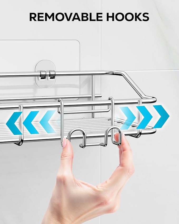 Nieifi Shower Caddy Shelf with Hooks Storage Rack Organizer Adhesive Stainless Steel without Drilling for Bathroom, Lavatory, Washroom, Restroom, Shower, Toilet, Kitchen (Sliver, 5 Pack)