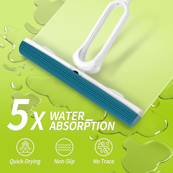 Sponge Mop for Floor Cleaning with 53" Long Handle, Total 2 Sponge Heads (NOT 3), Easily Dry Wringing for Hardwood Tile Concrete Bathroom Kitchen