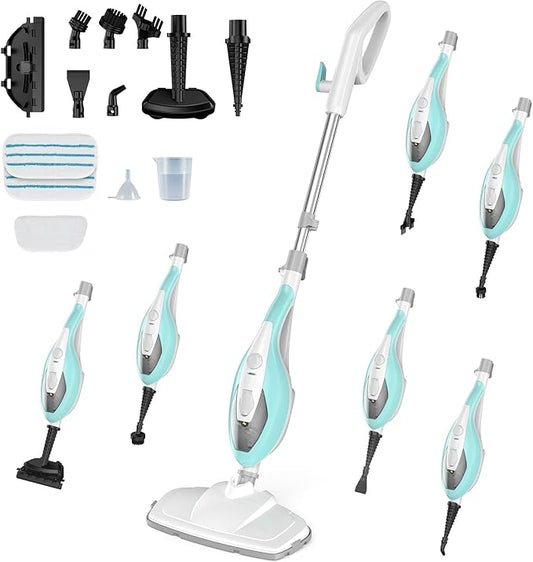 OLIXIS 10-in-1 Steam Mop, 1550W Detachable Handheld Steam Cleaner for Floor Cleaning, 16FT Cord, 2 Washable Pads, Multi-Purpose Floor Steamer for Hardwood, Carpet, Tile, Grout, Windows, White Green