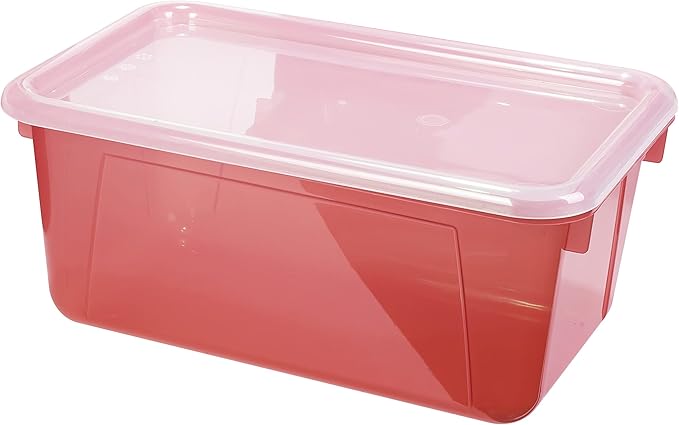 Storex Small Cubby Bins – Plastic Storage Containers for Classroom with Non-Snap Lid, 12.2 x 7.8 x 5.1 inches, Tint Red, 5-Pack (62481U05C)