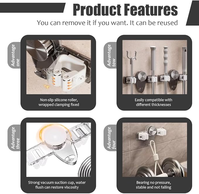 Broom and Mop Holder Wall Mount 2PCS Suction Cup Organizer with Retractable Rack No Drill Bathroom Storage Transparent Grey