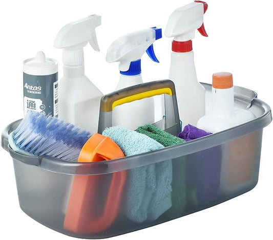 Large Cleaning Caddy with Handle, Cleaning Tool Storage Basket Organizer, Sturdy Pail Bucket Organizer, Household Bucket for Cleaning Supplies - Clear Grey