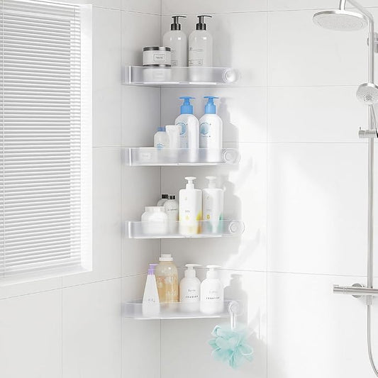 Sotfamily Plastic Shower Caddy Corner (for 90° Only), 4 Pack Adhesive Corner Shower Shelves for Bathroom Organizers and Storage, Crystal