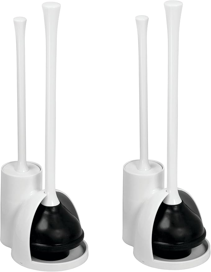 iDesign Compact Plunger Set for Bathroom Cleaning and Storage-Set of 2-White Toilet Brush