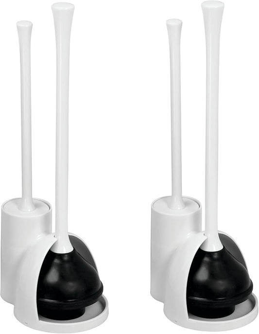 iDesign Compact Plunger Set for Bathroom Cleaning and Storage-Set of 2-White Toilet Brush