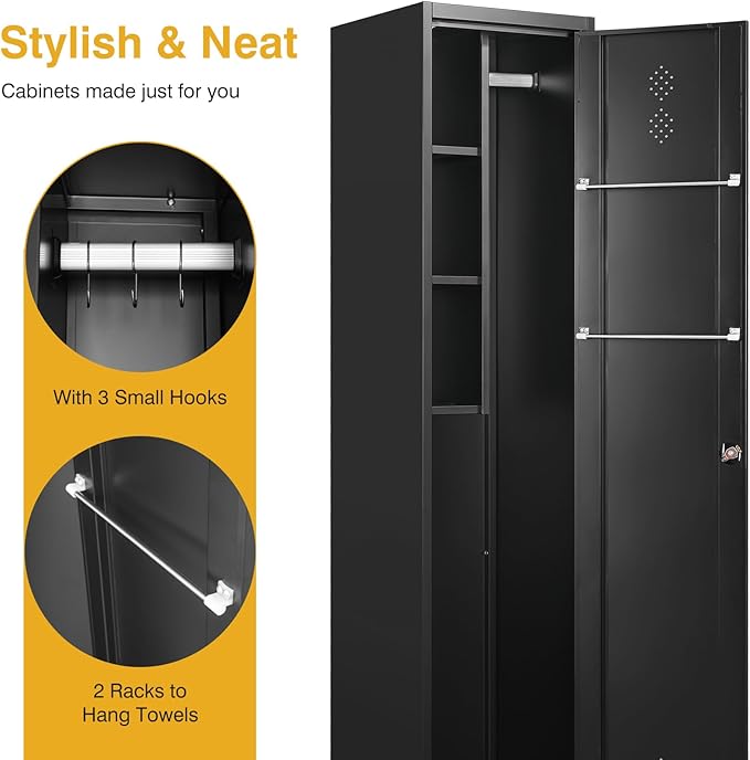 STANI 71" H Broom Closet Storage Cabinet Metal Cleaning Tool Cabinet Utility Closet Cleaning Supplies with Locking Door Broom Rack Shelf for Broom mops Garage Storage Black