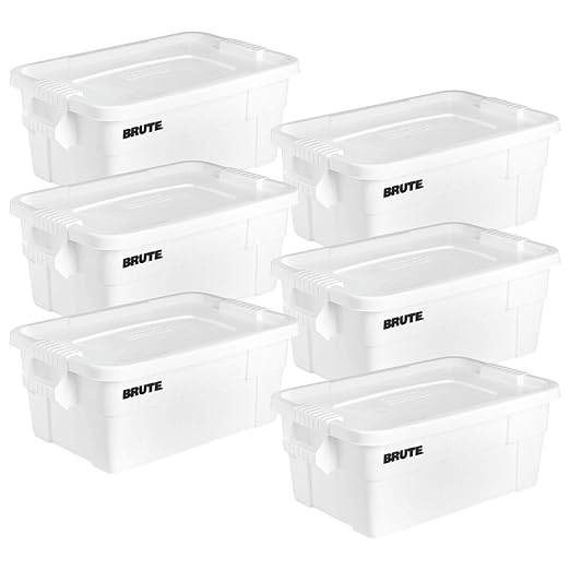 Rubbermaid Commercial Products BRUTE Tote Storage Bin with Lid, 14-Gallon, White, Rugged/Reusable Boxes for Moving/Camping/Garage/Basement Storage, Pack of 6