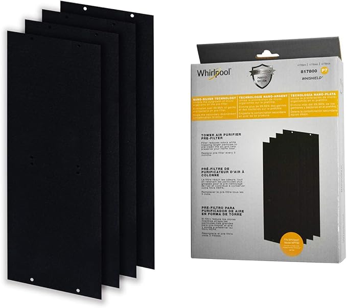 Whirlpool 817800 Genuine Charcoal Pre-Filter - Whishield Anti-Microbial Activated Replacement Fit Air Purifier Portable Tower WPT80, Large 4 Pack