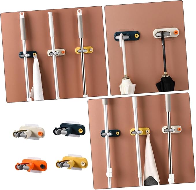 ABOOFAN 4pcs Self-adhesive Mop Broom Holder Wall-mounted Storage Rack Microfiber Fixator No Drilling in Yellow Orange Blue Beige