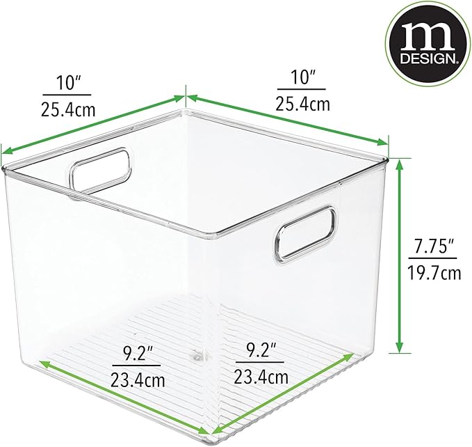mDesign Plastic Modern Kitchen, Pantry Food Storage Container Bin w/ Handles - Cabinet, Fridge/Freezer, Countertop Organizer - Snacks/Drink/Appliances; Ligne Collection, Clear, 10x10x7.75 (Pack of 1)