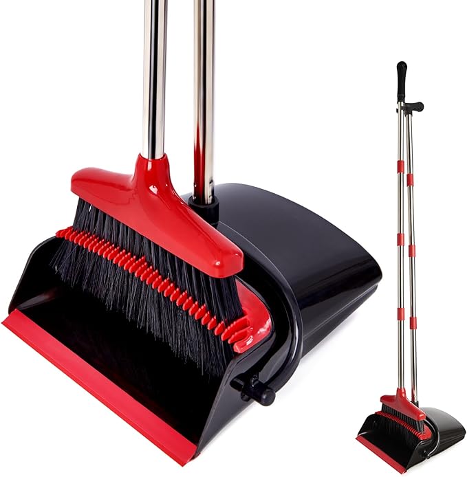 Broom and Dustpan Set with Long Handle, Light Weight Stainless Steel Poles Stand Upright Dustpans with Broom Combo for Home Kitchen Office Pet Dog Hair, Black & Red Color, 1-Pack