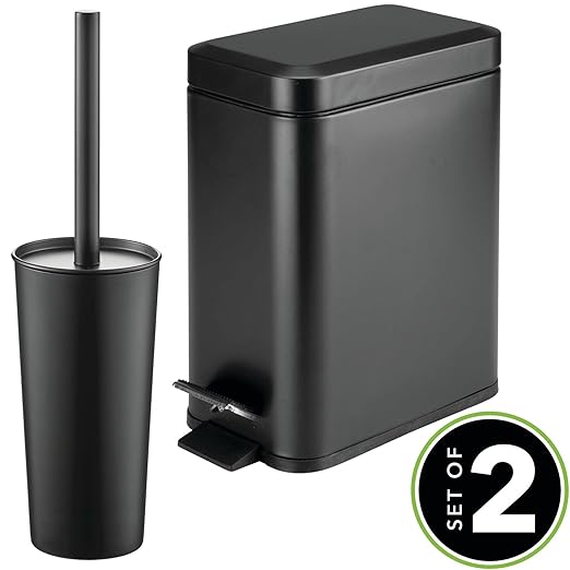 mDesign Metal Freestanding Slim Toilet Bowl Brush and Holder + Rectangle Narrow 5 Liter / 1.3 Gallon Step Pedal Trash Can Wastebasket for Bathroom - Small, Compact Design - Set of 2 - Black