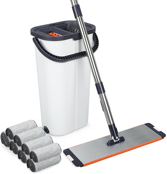 Easywring Washable Mop and Bucket with Wringer Set for Home, Durable and Sturdy Aluminum Flat Mop Head, 2-Chamber, Wet and Dry for All Surfaces, with 8 Reusable Microfiber Mop Pads 13 inch (16 Inch)