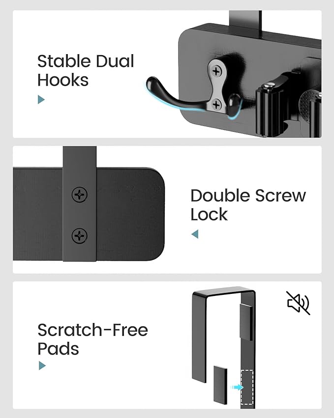 HULISEN Broom Holder Door Mount, Over the Door Broom and Mop Holder with 0.6" Thick Pads, Wood Mop Organizer Tool Hanger with 4 Racks & 2 Hooks for Laundry Cabinet Kitchen Garage, No Drills