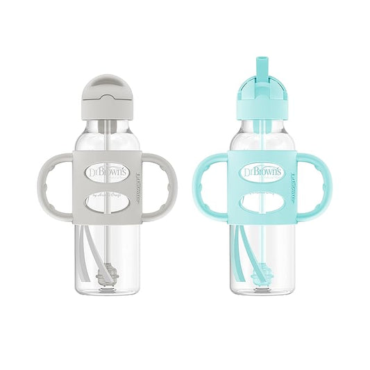 Dr. Brown's Milestones Narrow Sippy Straw Bottle, Spill-Proof with 100% Silicone Handles and Weighted Straw, 8 oz/250 mL, Gray/Green, 6m+