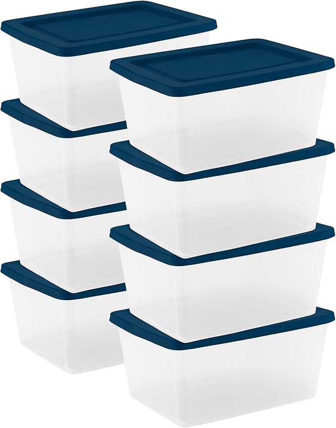 Sterilite 8 Pack Storage Boxes, Clear Plastic Stackable Containers, Lightweight Home Organizers with Snap Lids, 58 Quart, Marine Blue