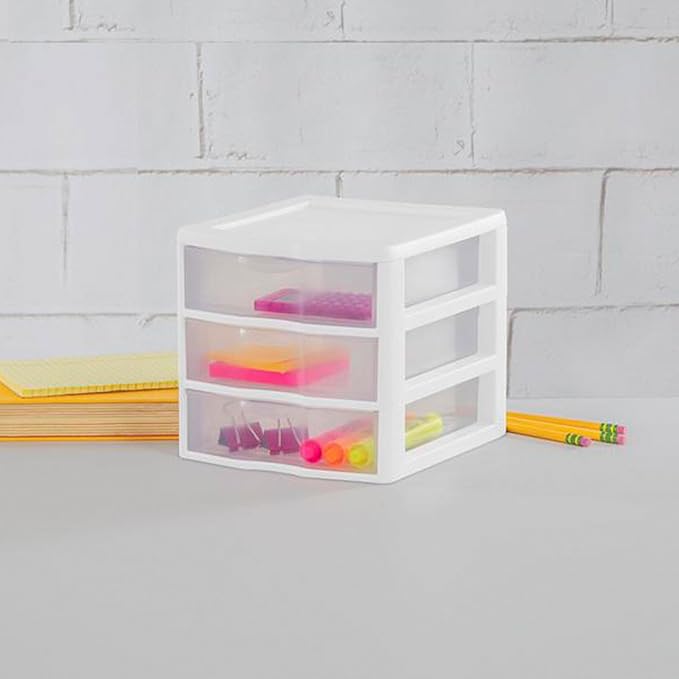 Sterilite 12-Pack ClearView 3-Drawer Cart, Small Plastic Storage Organizer Drawers, White - Organizing Drawer Containers for Bathroom, Closet, Kitchen, and Bedroom