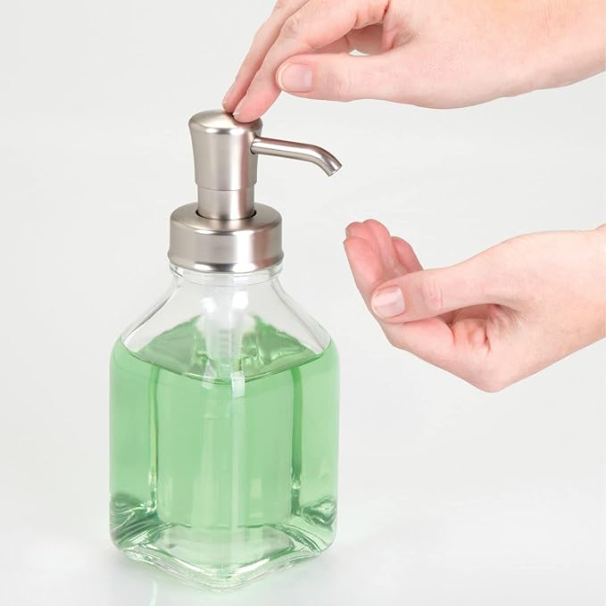 mDesign Square Glass Refillable Liquid Soap Dispenser Pump Bottle for Bathroom Vanity Countertop, Kitchen Sink - Holds Hand Soap, Dish Soap, Hand Sanitizer, Essential Oils - 2 Pack - Clear/Brushed