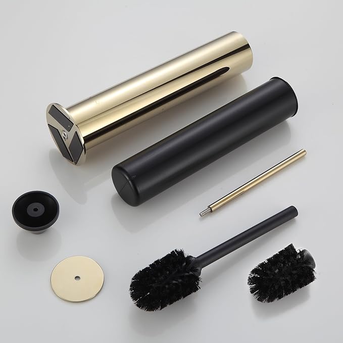 BGL Toilet Brush and Holder Set, Heavy Duty 304 Stainless Steel, Round Base and Long Handle for Bathroom Deep Cleaning, Drip-Proof, Space Saving for Storag, Gold